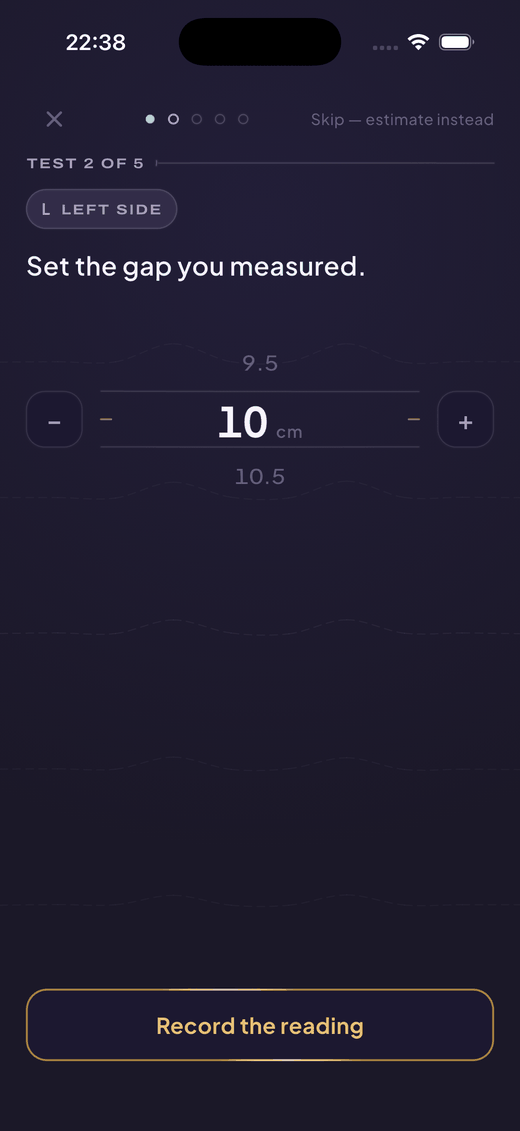 Limber knee-to-wall test: "Set the gap you measured." with a brass ruler dial reading 10 cm.