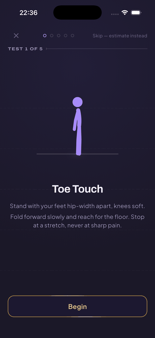 Limber test flow: TEST 1 OF 5, a side-view figure, the heading Toe Touch, and the line "Stop at a stretch, never at sharp pain".
