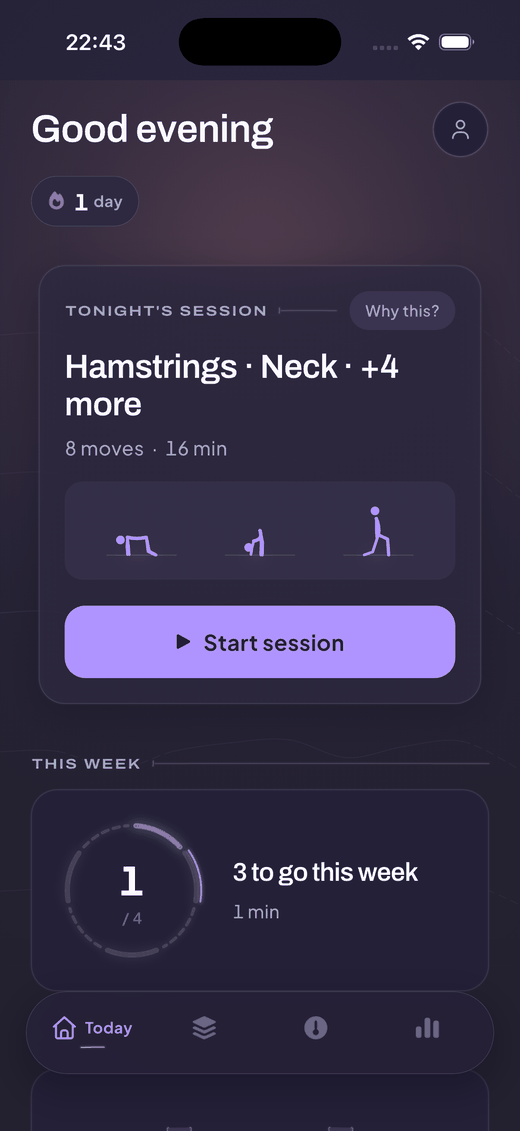 Limber Today screen: a card headed TONIGHT'S SESSION, Hamstrings · Neck · +4 more, 8 moves, 16 min, with a "Why this?" chip.